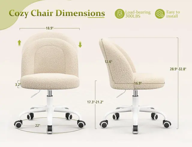 Alt view image 2 of 6 - Vanity Chair with Back, Cute Desk Chair with Wheels, Armless Chair with Height Adjustable &360° Swivel, Soft Lumbar Support for Small Space, Bedroom, Light Yellow