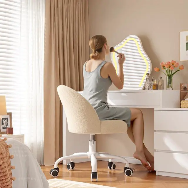 Alt view image 3 of 6 - Vanity Chair with Back, Cute Desk Chair with Wheels, Armless Chair with Height Adjustable &360° Swivel, Soft Lumbar Support for Small Space, Bedroom, Light Yellow