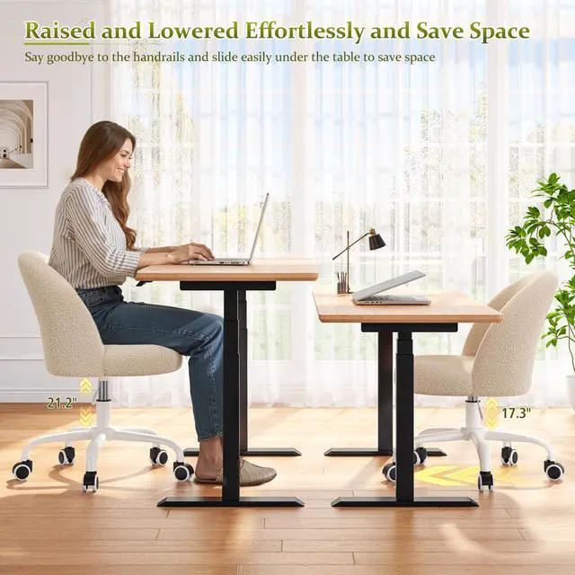 Alt view image 4 of 6 - Vanity Chair with Back, Cute Desk Chair with Wheels, Armless Chair with Height Adjustable &360° Swivel, Soft Lumbar Support for Small Space, Bedroom, Light Yellow