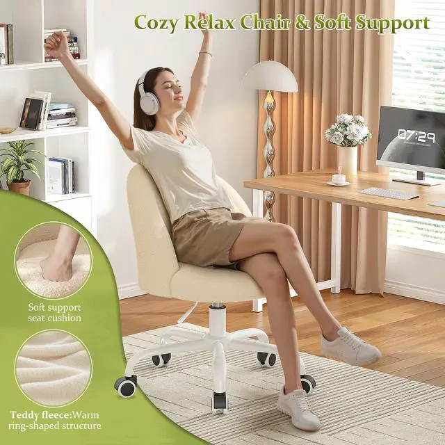 Alt view image 5 of 6 - Vanity Chair with Back, Cute Desk Chair with Wheels, Armless Chair with Height Adjustable &360° Swivel, Soft Lumbar Support for Small Space, Bedroom, Light Yellow