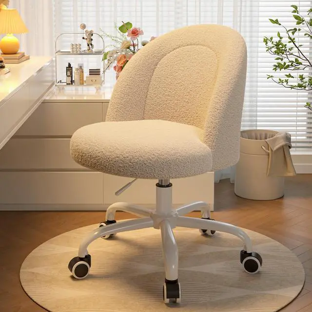 Alt view image 6 of 6 - Vanity Chair with Back, Cute Desk Chair with Wheels, Armless Chair with Height Adjustable &360° Swivel, Soft Lumbar Support for Small Space, Bedroom, Light Yellow