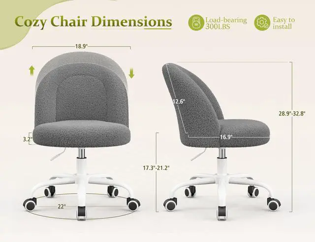 Alt view image 2 of 6 - Vanity Chair with Back, Cute Desk Chair with Wheels, Armless Chair with Height Adjustable & 360° Swivel, Soft Lumbar Support for Small Space, Bedroom, Grey