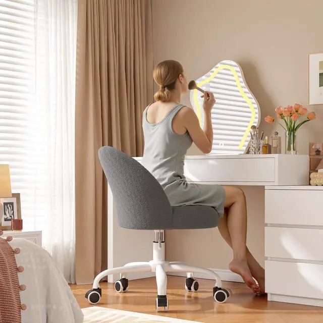 Alt view image 3 of 6 - Vanity Chair with Back, Cute Desk Chair with Wheels, Armless Chair with Height Adjustable & 360° Swivel, Soft Lumbar Support for Small Space, Bedroom, Grey