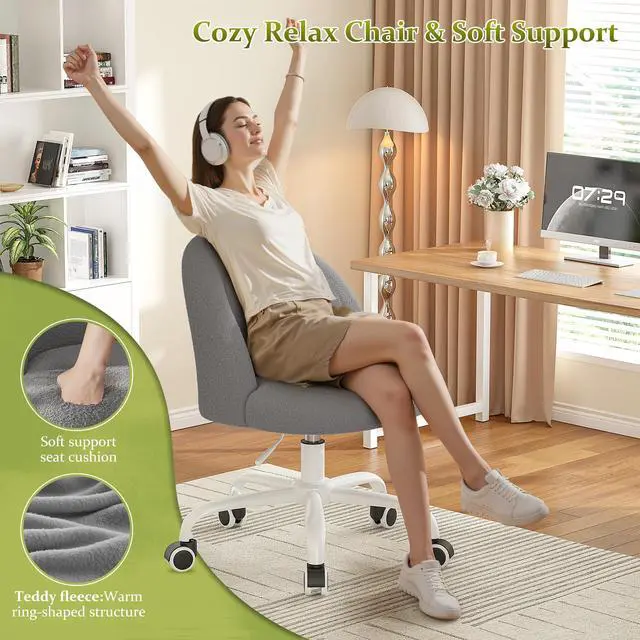 Alt view image 4 of 6 - Vanity Chair with Back, Cute Desk Chair with Wheels, Armless Chair with Height Adjustable & 360° Swivel, Soft Lumbar Support for Small Space, Bedroom, Grey