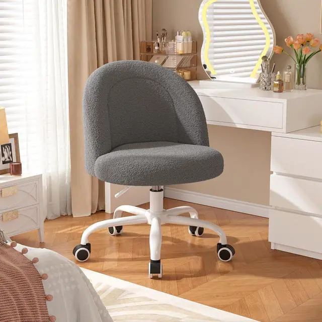 Alt view image 6 of 6 - Vanity Chair with Back, Cute Desk Chair with Wheels, Armless Chair with Height Adjustable & 360° Swivel, Soft Lumbar Support for Small Space, Bedroom, Grey