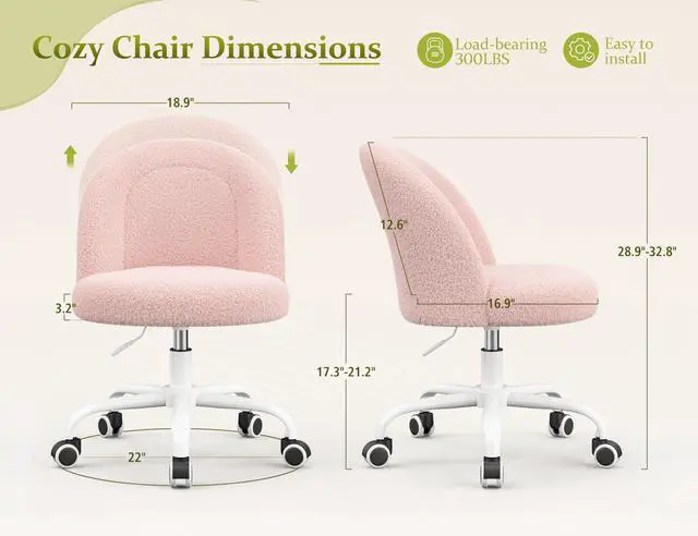 Alt view image 2 of 6 - Vanity Chair with Wheels, Cute Desk Chair with Back, Armless Chair with Height Adjustable & 360° Swivel, Soft Lumbar Support for Small Space, Bedroom, Gentle Pink