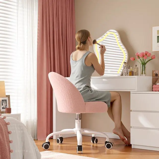 Alt view image 3 of 6 - Vanity Chair with Wheels, Cute Desk Chair with Back, Armless Chair with Height Adjustable & 360° Swivel, Soft Lumbar Support for Small Space, Bedroom, Gentle Pink