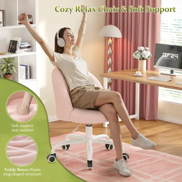Alt view image 4 of 6 - Vanity Chair with Wheels, Cute Desk Chair with Back, Armless Chair with Height Adjustable & 360° Swivel, Soft Lumbar Support for Small Space, Bedroom, Gentle Pink