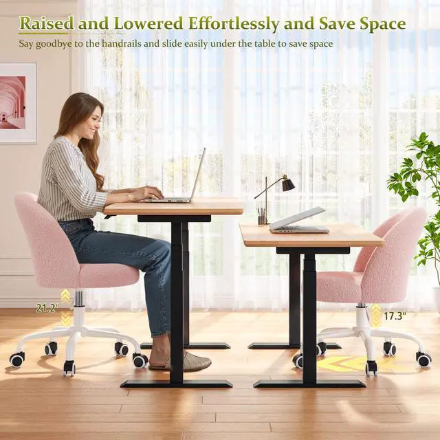 Alt view image 5 of 6 - Vanity Chair with Wheels, Cute Desk Chair with Back, Armless Chair with Height Adjustable & 360° Swivel, Soft Lumbar Support for Small Space, Bedroom, Gentle Pink