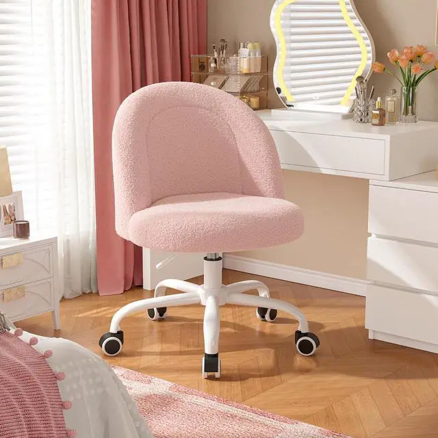 Alt view image 6 of 6 - Vanity Chair with Wheels, Cute Desk Chair with Back, Armless Chair with Height Adjustable & 360° Swivel, Soft Lumbar Support for Small Space, Bedroom, Gentle Pink