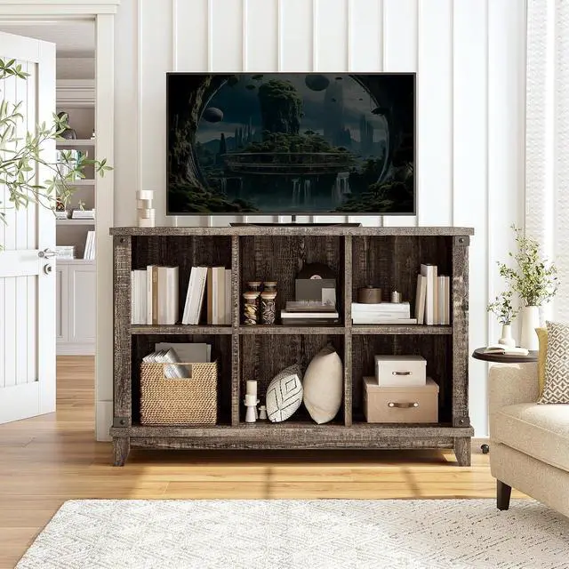 Alt view image 2 of 6 - 6 Cube Storage Organizer Bookshelf, Wood Cube Shelf Bookcase with Storage, Bookshelf for Living Room and Bedroom,Black Oak