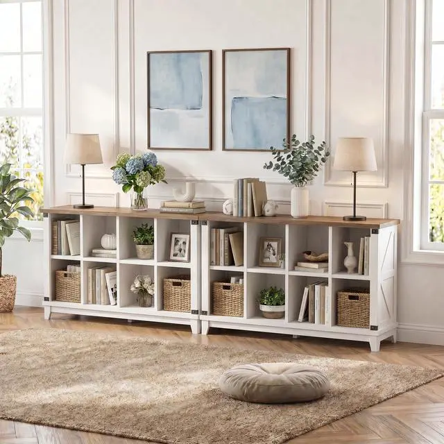 Alt view image 4 of 6 - 8-Cube Storage Organizer, Farmhouse Bookshelf, Display Shelf for Living Room, Bedroom, Home Office, White