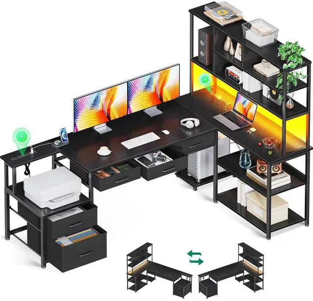 Main image of 71 inch L Shaped Desk with 5 Drawers, Reversible L Shaped Gaming Desk with LED Light & 2 Power Outlets, Computer Desk with Storage Shelves for Home Office, Black