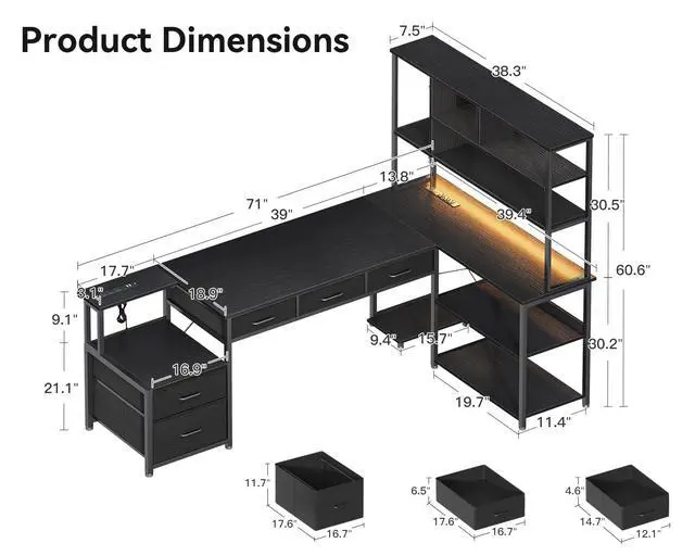 Alt view image 2 of 6 - 71 inch L Shaped Desk with 5 Drawers, Reversible L Shaped Gaming Desk with LED Light & 2 Power Outlets, Computer Desk with Storage Shelves for Home Office, Black