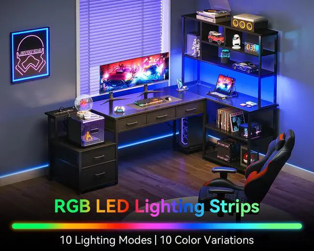 Alt view image 3 of 6 - 71 inch L Shaped Desk with 5 Drawers, Reversible L Shaped Gaming Desk with LED Light & 2 Power Outlets, Computer Desk with Storage Shelves for Home Office, Black