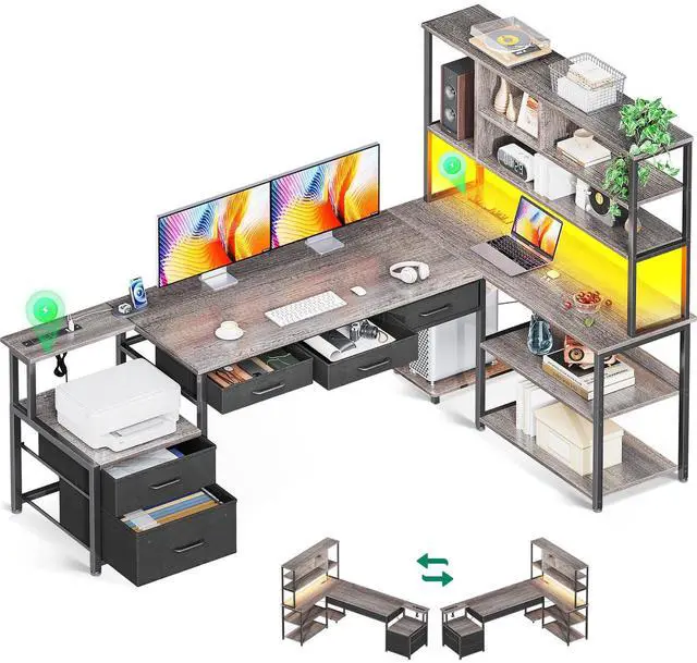 Main image of 79 inch L Shaped Desk with 5 Drawers, Reversible L Shaped Gaming Desk with LED Light & 2 Power Outlets, Computer Desk with Storage Shelves for Home Office, Grey Oak