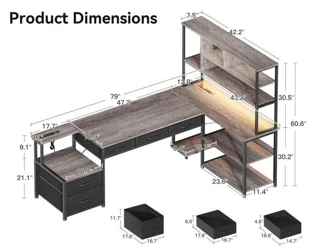 Alt view image 2 of 6 - 79 inch L Shaped Desk with 5 Drawers, Reversible L Shaped Gaming Desk with LED Light & 2 Power Outlets, Computer Desk with Storage Shelves for Home Office, Grey Oak