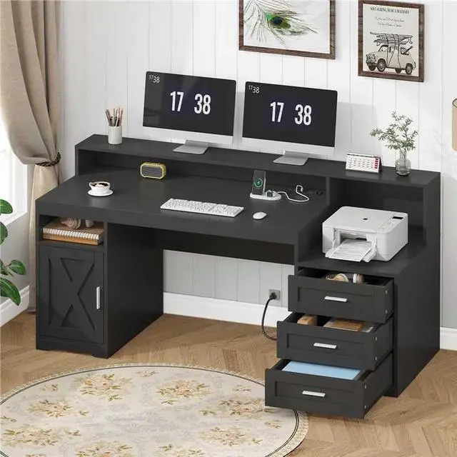 Main image of Farmhouse Computer Desk with Drawers, 65'' Home Office Desk with Power Outlets, Storage Cabinet and Printer Stand, Study Writing Desks with Long Monitor Stand, Black