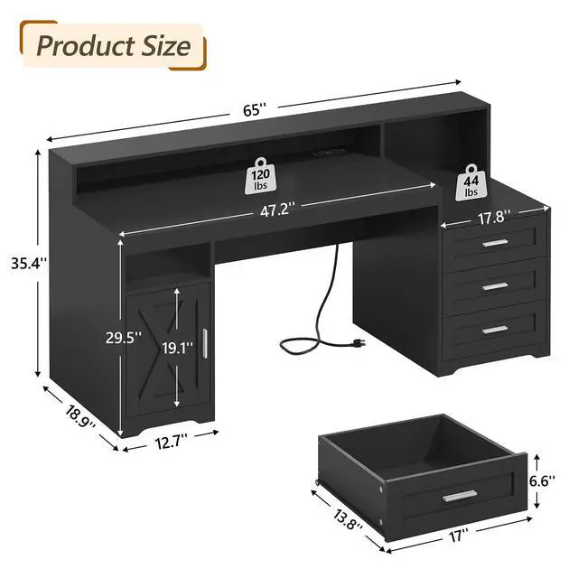 Alt view image 2 of 6 - Farmhouse Computer Desk with Drawers, 65'' Home Office Desk with Power Outlets, Storage Cabinet and Printer Stand, Study Writing Desks with Long Monitor Stand, Black