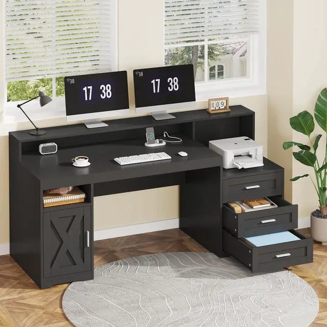Alt view image 3 of 6 - Farmhouse Computer Desk with Drawers, 65'' Home Office Desk with Power Outlets, Storage Cabinet and Printer Stand, Study Writing Desks with Long Monitor Stand, Black