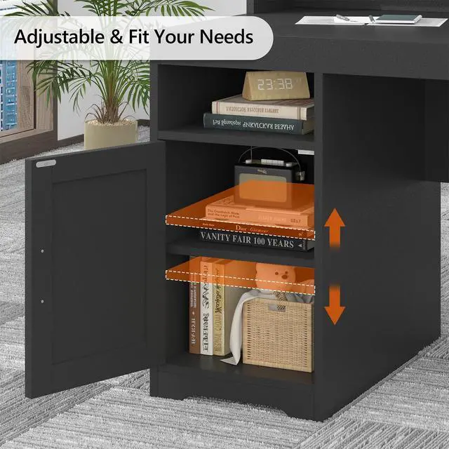 Alt view image 6 of 6 - Farmhouse Computer Desk with Drawers, 65'' Home Office Desk with Power Outlets, Storage Cabinet and Printer Stand, Study Writing Desks with Long Monitor Stand, Black