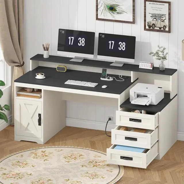 Main image of Farmhouse Computer Desk with Drawers, 65'' Home Office Desk with Power Outlets, Storage Cabinet and Printer Stand, Study Writing Desks with Long Monitor Stand, Black and White