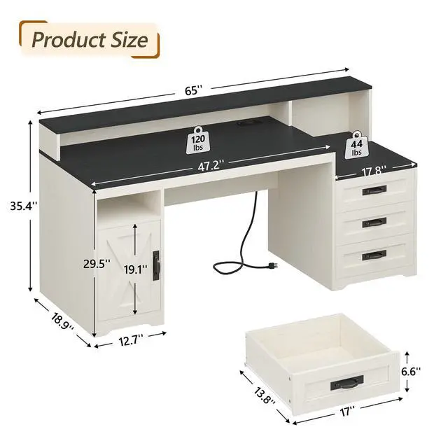 Alt view image 2 of 6 - Farmhouse Computer Desk with Drawers, 65'' Home Office Desk with Power Outlets, Storage Cabinet and Printer Stand, Study Writing Desks with Long Monitor Stand, Black and White