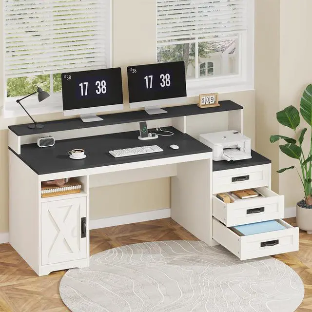 Alt view image 3 of 6 - Farmhouse Computer Desk with Drawers, 65'' Home Office Desk with Power Outlets, Storage Cabinet and Printer Stand, Study Writing Desks with Long Monitor Stand, Black and White