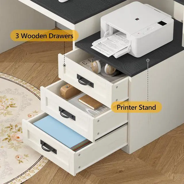 Alt view image 5 of 6 - Farmhouse Computer Desk with Drawers, 65'' Home Office Desk with Power Outlets, Storage Cabinet and Printer Stand, Study Writing Desks with Long Monitor Stand, Black and White