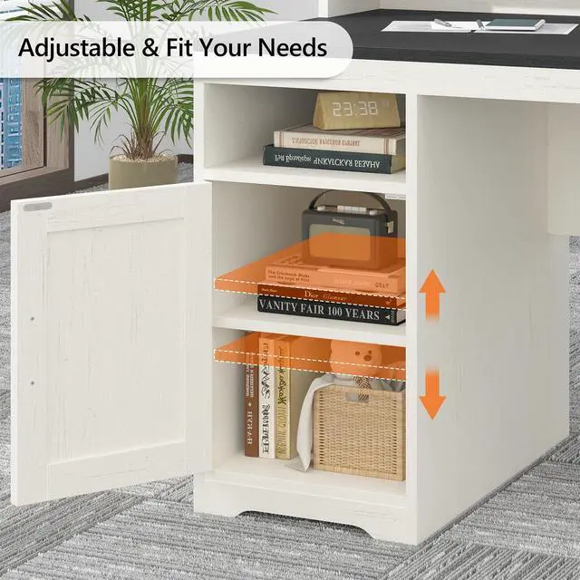 Alt view image 6 of 6 - Farmhouse Computer Desk with Drawers, 65'' Home Office Desk with Power Outlets, Storage Cabinet and Printer Stand, Study Writing Desks with Long Monitor Stand, Black and White