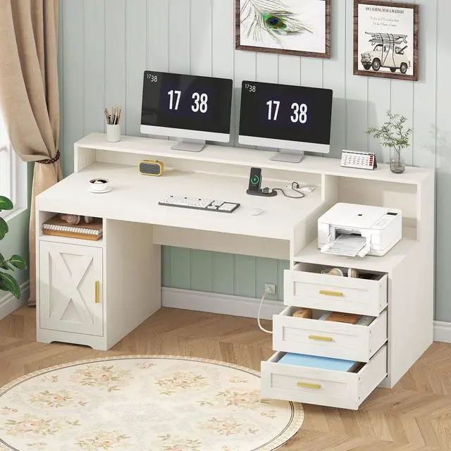 Main image of Farmhouse Computer Desk with Drawers, 65'' Home Office Desk with Power Outlets, Storage Cabinet and Printer Stand, Study Writing Desks with Long Monitor Stand, White