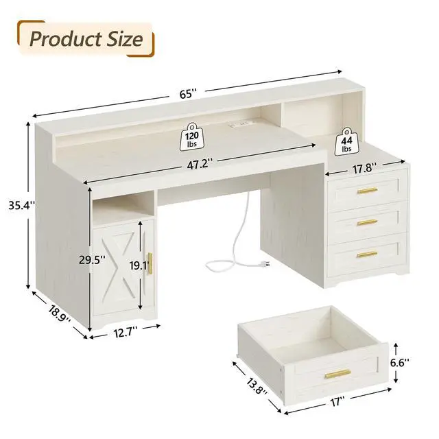Alt view image 2 of 6 - Farmhouse Computer Desk with Drawers, 65'' Home Office Desk with Power Outlets, Storage Cabinet and Printer Stand, Study Writing Desks with Long Monitor Stand, White