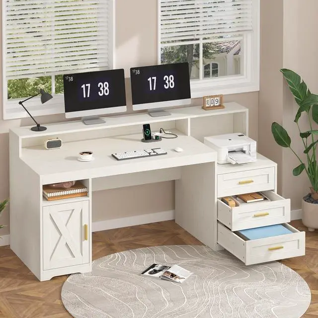 Alt view image 3 of 6 - Farmhouse Computer Desk with Drawers, 65'' Home Office Desk with Power Outlets, Storage Cabinet and Printer Stand, Study Writing Desks with Long Monitor Stand, White