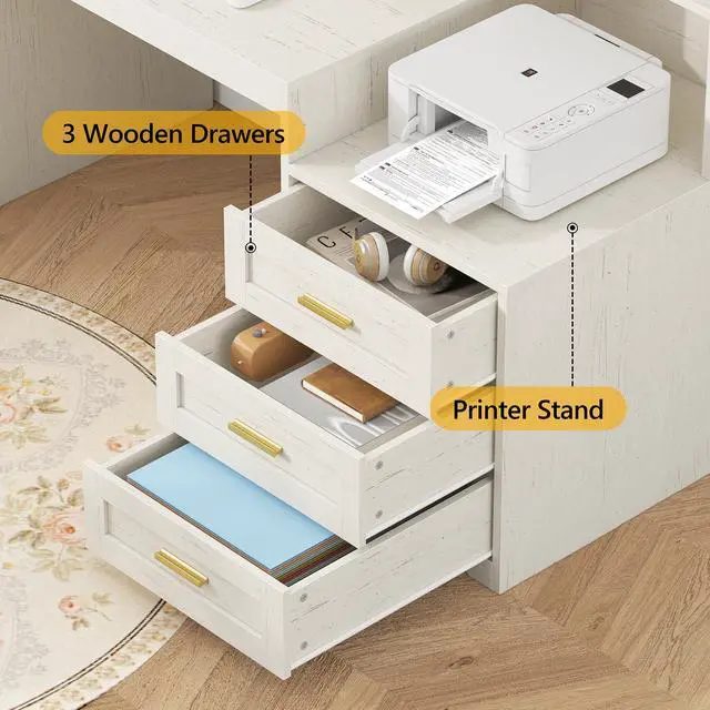 Alt view image 5 of 6 - Farmhouse Computer Desk with Drawers, 65'' Home Office Desk with Power Outlets, Storage Cabinet and Printer Stand, Study Writing Desks with Long Monitor Stand, White