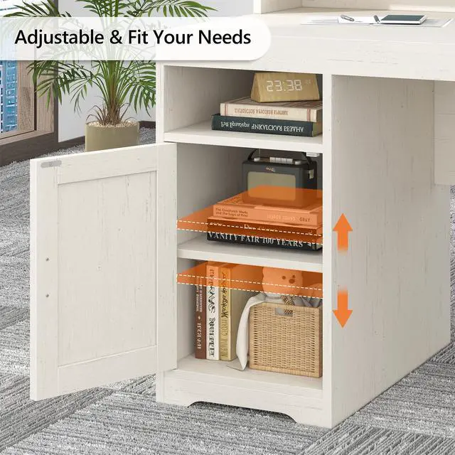 Alt view image 6 of 6 - Farmhouse Computer Desk with Drawers, 65'' Home Office Desk with Power Outlets, Storage Cabinet and Printer Stand, Study Writing Desks with Long Monitor Stand, White