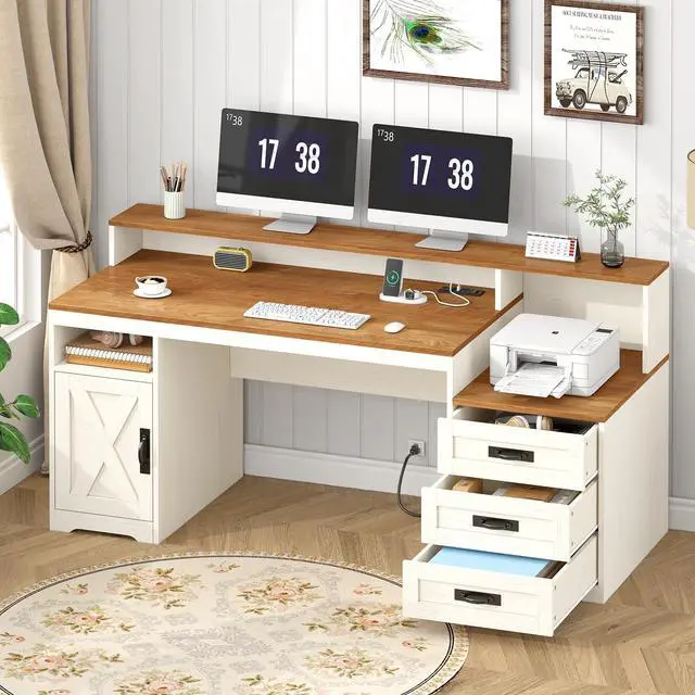 Main image of Farmhouse Computer Desk with Drawers, 65'' Home Office Desk with Power Outlets, Storage Cabinet and Printer Stand, Study Writing Desks with Long Monitor Stand, Brown and White
