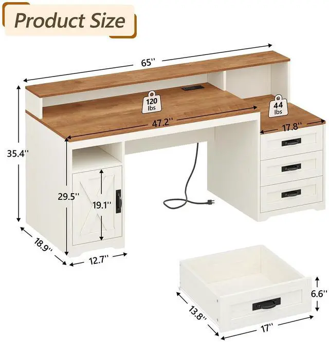 Alt view image 2 of 6 - Farmhouse Computer Desk with Drawers, 65'' Home Office Desk with Power Outlets, Storage Cabinet and Printer Stand, Study Writing Desks with Long Monitor Stand, Brown and White