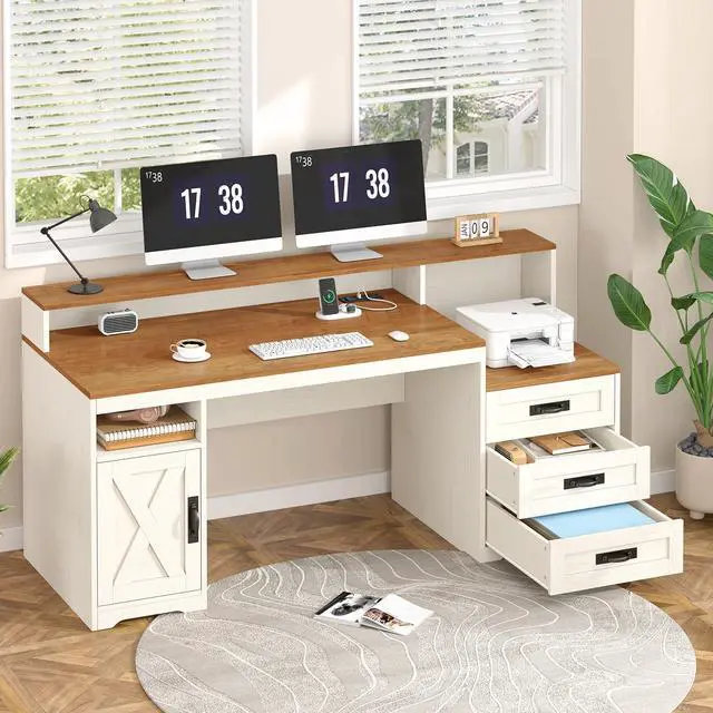 Alt view image 3 of 6 - Farmhouse Computer Desk with Drawers, 65'' Home Office Desk with Power Outlets, Storage Cabinet and Printer Stand, Study Writing Desks with Long Monitor Stand, Brown and White