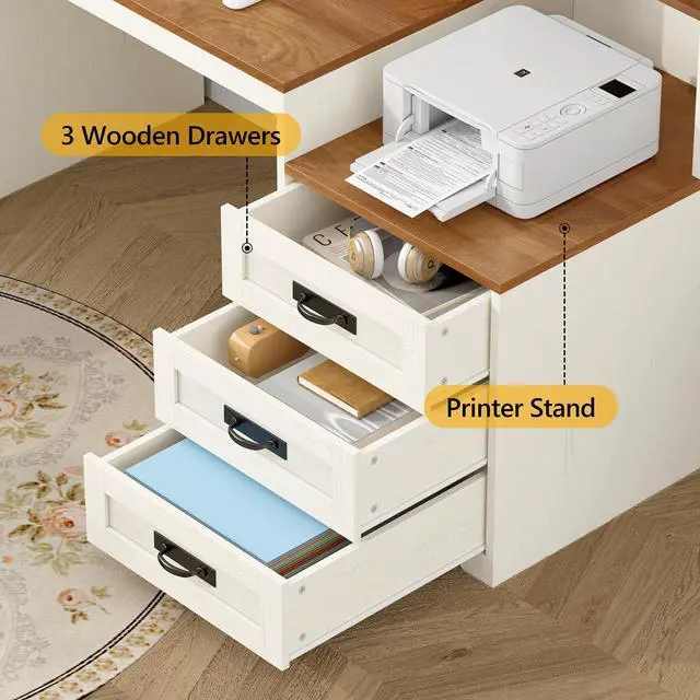 Alt view image 5 of 6 - Farmhouse Computer Desk with Drawers, 65'' Home Office Desk with Power Outlets, Storage Cabinet and Printer Stand, Study Writing Desks with Long Monitor Stand, Brown and White