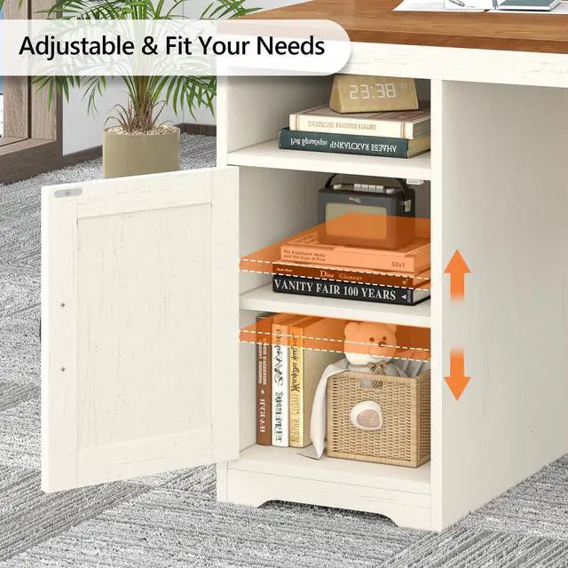 Alt view image 6 of 6 - Farmhouse Computer Desk with Drawers, 65'' Home Office Desk with Power Outlets, Storage Cabinet and Printer Stand, Study Writing Desks with Long Monitor Stand, Brown and White