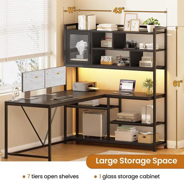 Alt view image 2 of 6 - L Shaped Computer Desk, 58'' Office Desk with LED Light and Bookshelf, L Shaped Corner Desk with Storage Shelves for Home Office, Gaming Desk, L Desk, Black