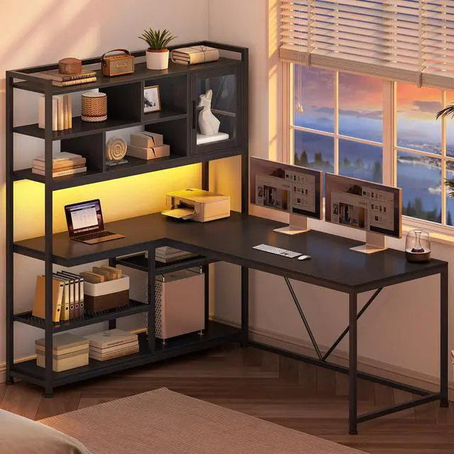 Alt view image 3 of 6 - L Shaped Computer Desk, 58'' Office Desk with LED Light and Bookshelf, L Shaped Corner Desk with Storage Shelves for Home Office, Gaming Desk, L Desk, Black