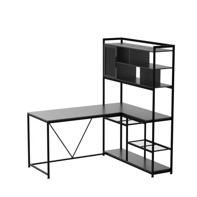 Alt view image 4 of 6 - L Shaped Computer Desk, 58'' Office Desk with LED Light and Bookshelf, L Shaped Corner Desk with Storage Shelves for Home Office, Gaming Desk, L Desk, Black