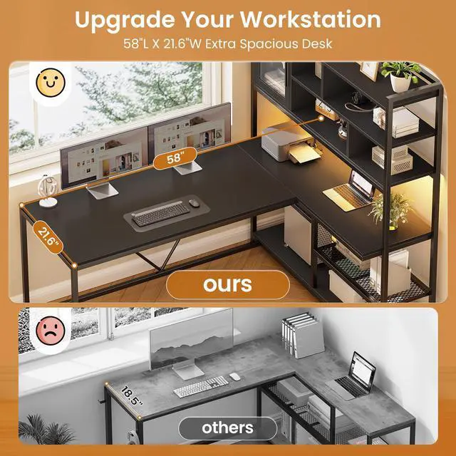 Alt view image 5 of 6 - L Shaped Computer Desk, 58'' Office Desk with LED Light and Bookshelf, L Shaped Corner Desk with Storage Shelves for Home Office, Gaming Desk, L Desk, Black