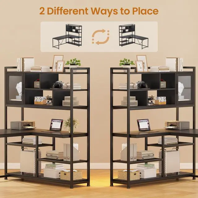 Alt view image 6 of 6 - L Shaped Computer Desk, 58'' Office Desk with LED Light and Bookshelf, L Shaped Corner Desk with Storage Shelves for Home Office, Gaming Desk, L Desk, Black