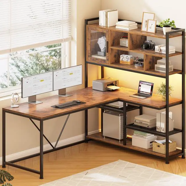 Main image of L Shaped Computer Desk, 58'' Office Desk with LED Light and Bookshelf, L Shaped Corner Desk with Storage Shelves for Home Office, Gaming Desk, L Desk, Rustic Brown