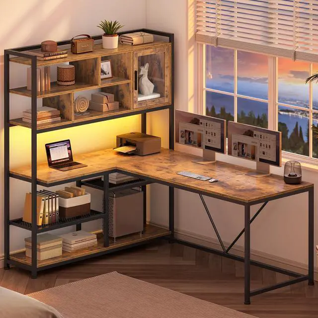 Alt view image 3 of 6 - L Shaped Computer Desk, 58'' Office Desk with LED Light and Bookshelf, L Shaped Corner Desk with Storage Shelves for Home Office, Gaming Desk, L Desk, Rustic Brown