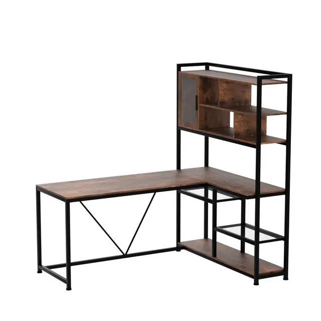 Alt view image 4 of 6 - L Shaped Computer Desk, 58'' Office Desk with LED Light and Bookshelf, L Shaped Corner Desk with Storage Shelves for Home Office, Gaming Desk, L Desk, Rustic Brown