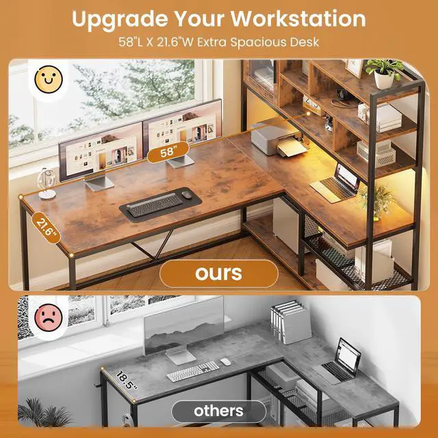 Alt view image 6 of 6 - L Shaped Computer Desk, 58'' Office Desk with LED Light and Bookshelf, L Shaped Corner Desk with Storage Shelves for Home Office, Gaming Desk, L Desk, Rustic Brown