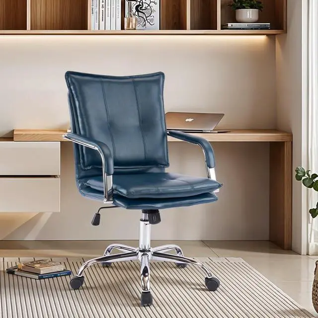 Main image of Mid-Back Ergonomic Leather Office Chair, Modern Upholstered Executive Desk Chair with Gold Frame Armrest Computer Task Chair